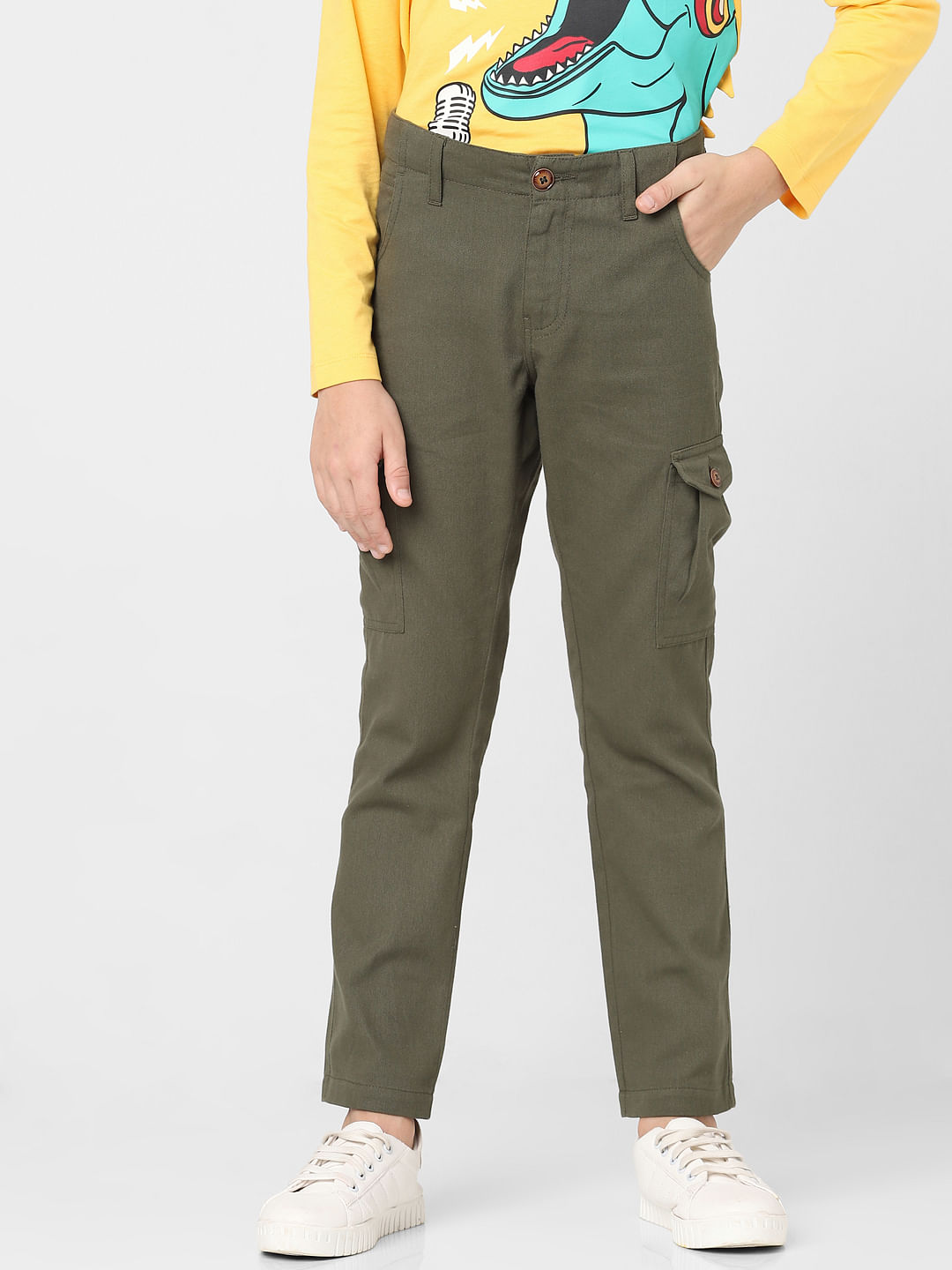 Style Quotient Women Olive Green Relaxed Loose Fit Solid Cargos